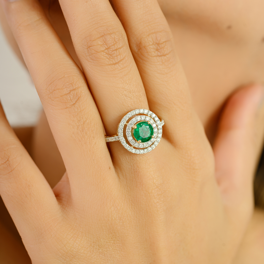 18K Yellow Gold Emerald Double Halo Diamond Ring Image