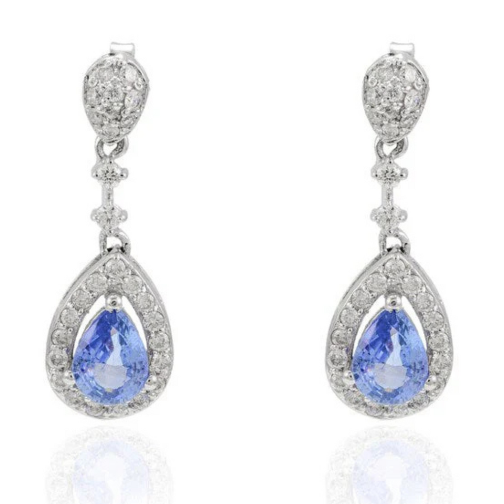 14K White Gold Sapphire Diamond Drop Earrings Image