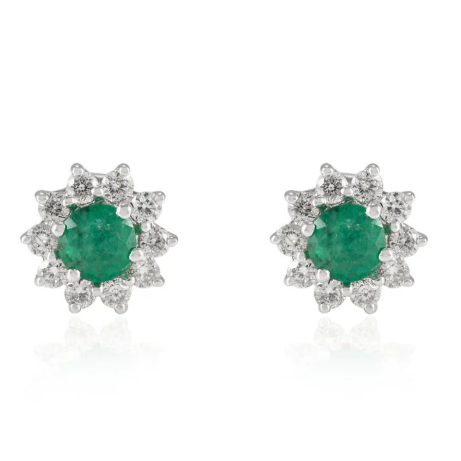 18K Gold Halo Diamond Emerald Stud Earrings