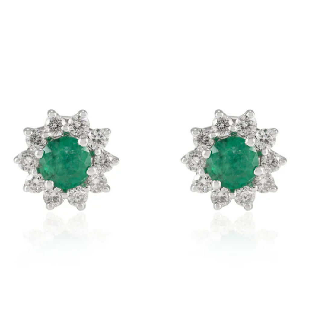 18K Gold Halo Diamond Emerald Stud Earrings Image