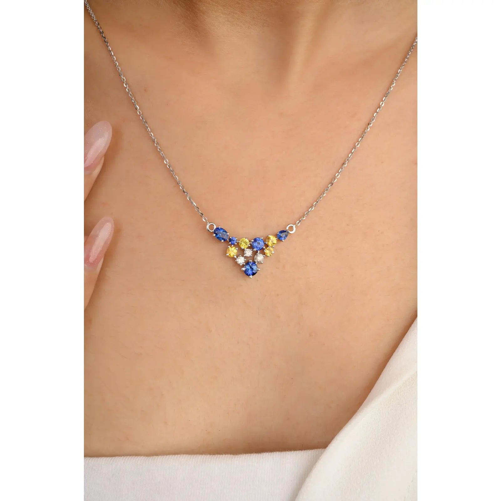 14K Solid White Gold Multi Sapphire Necklace