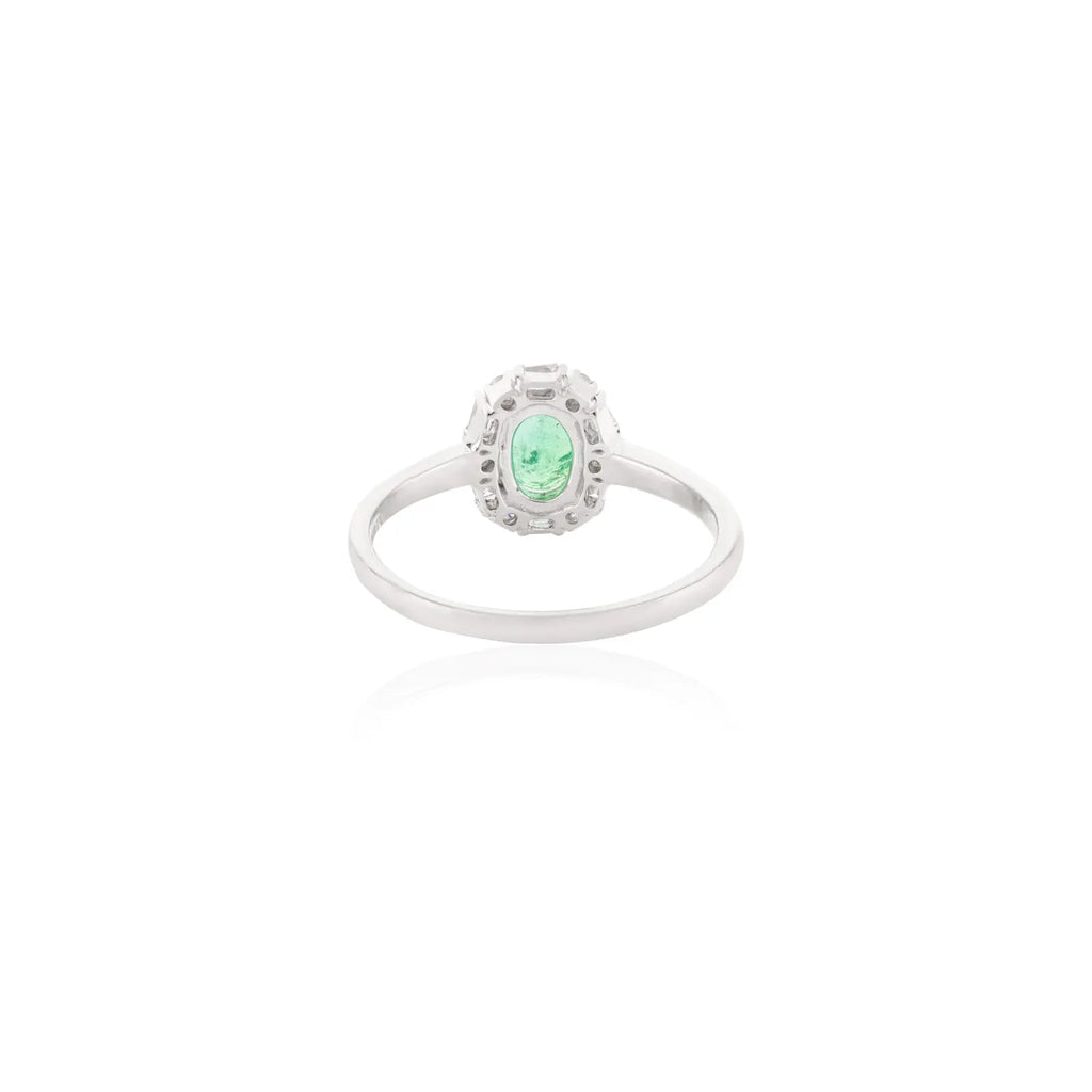 14K Solid White Gold Emerald Halo Diamond Ring Image