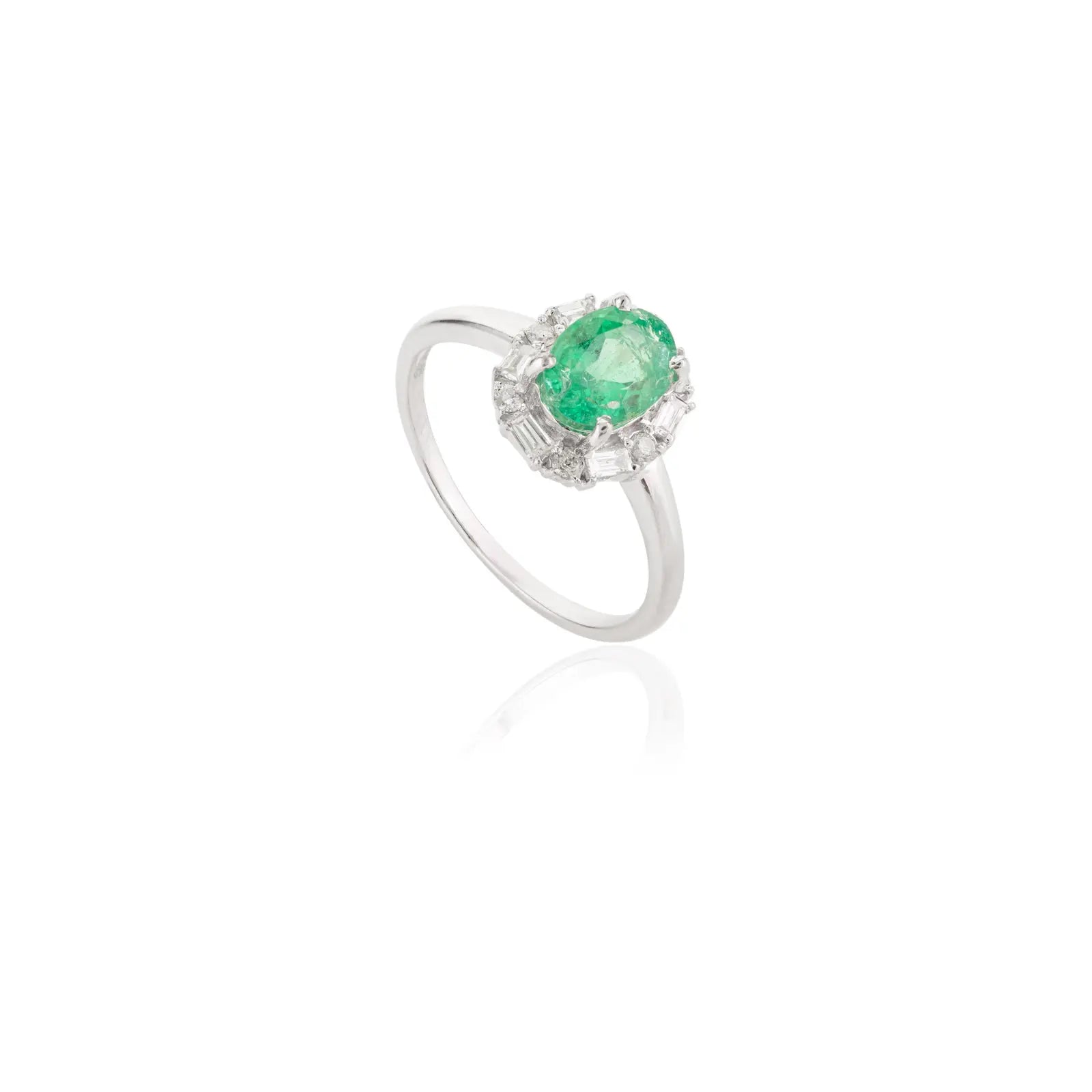 14K Solid White Gold Emerald Halo Diamond Ring