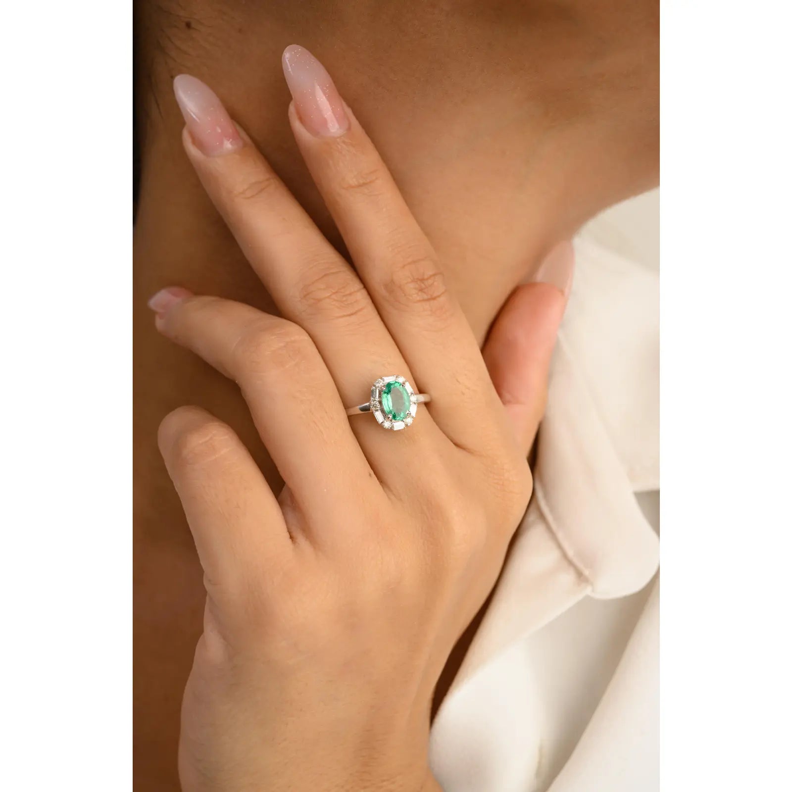 14K Solid White Gold Emerald Halo Diamond Ring