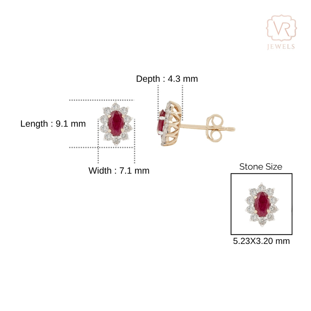14K Yellow Gold Oval Ruby & Diamond Cluster Earrings Image