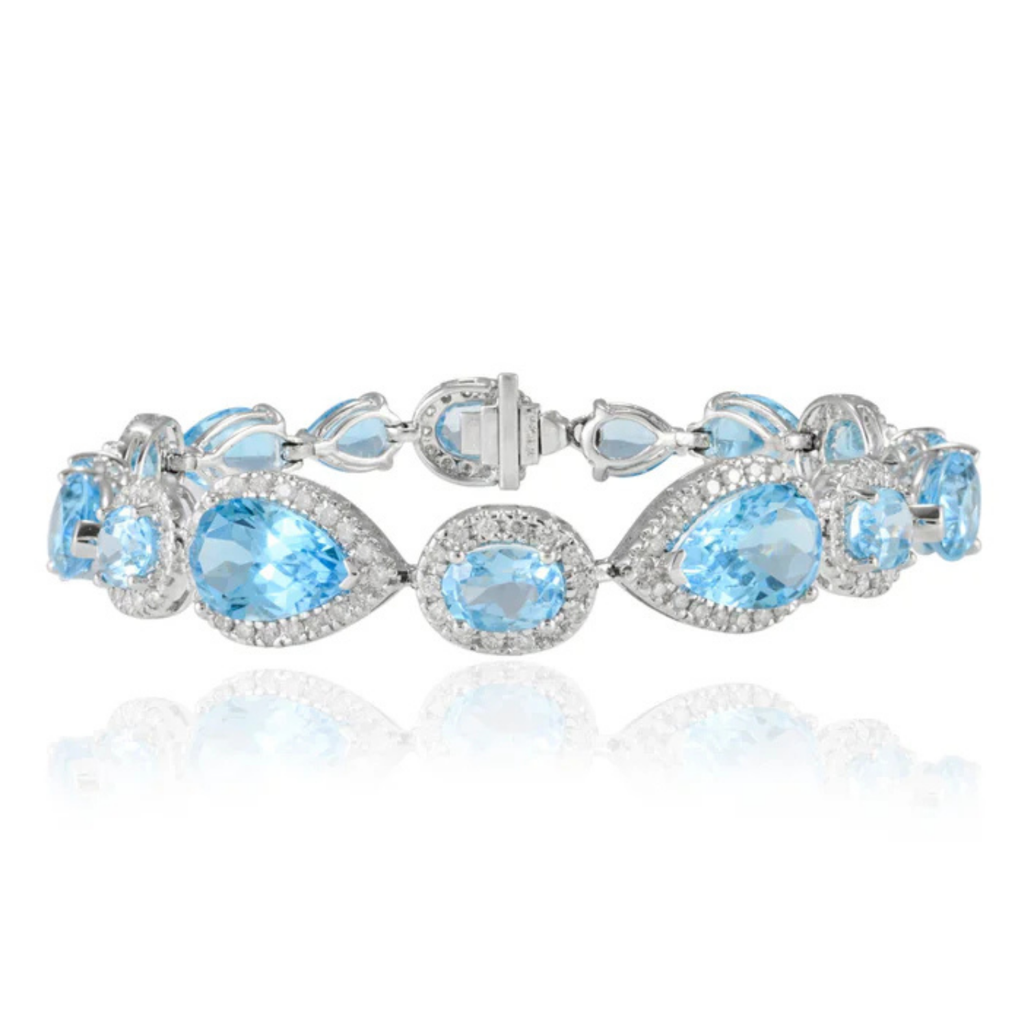 18K Gold Blue Topaz & Halo Diamond Tennis Bracelet