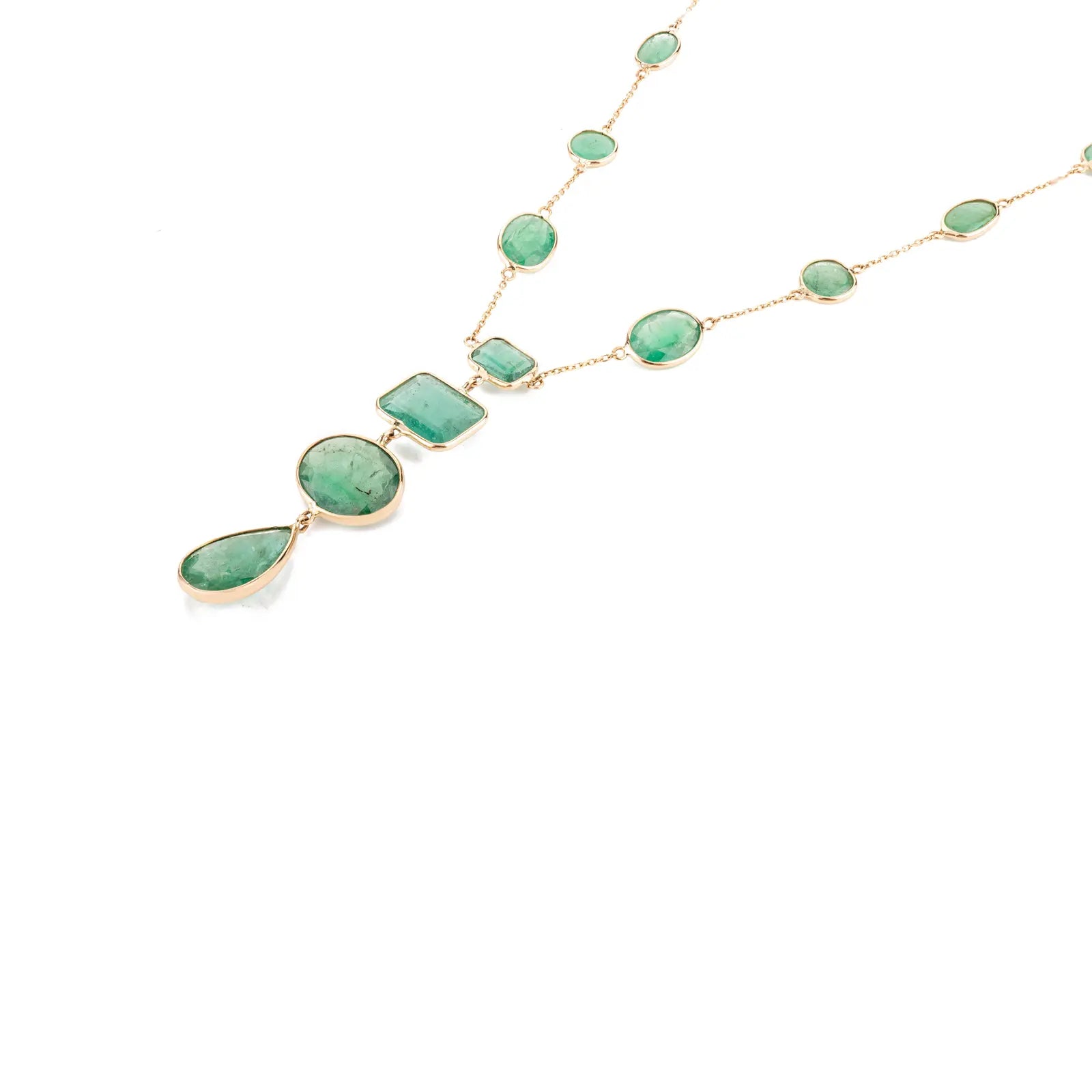 18K Solid Yellow Gold Emerald Gemstone Y Shape Necklace - vrjewels-us