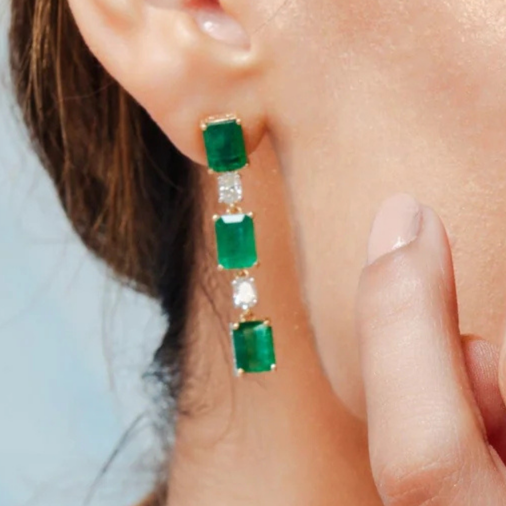 18K Gold Octagon Cut Emerald Diamond Drop Earrings Image