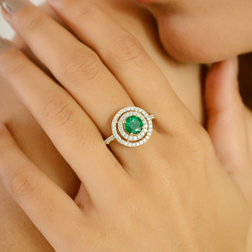 18K Yellow Gold Emerald Double Halo Diamond Ring Image