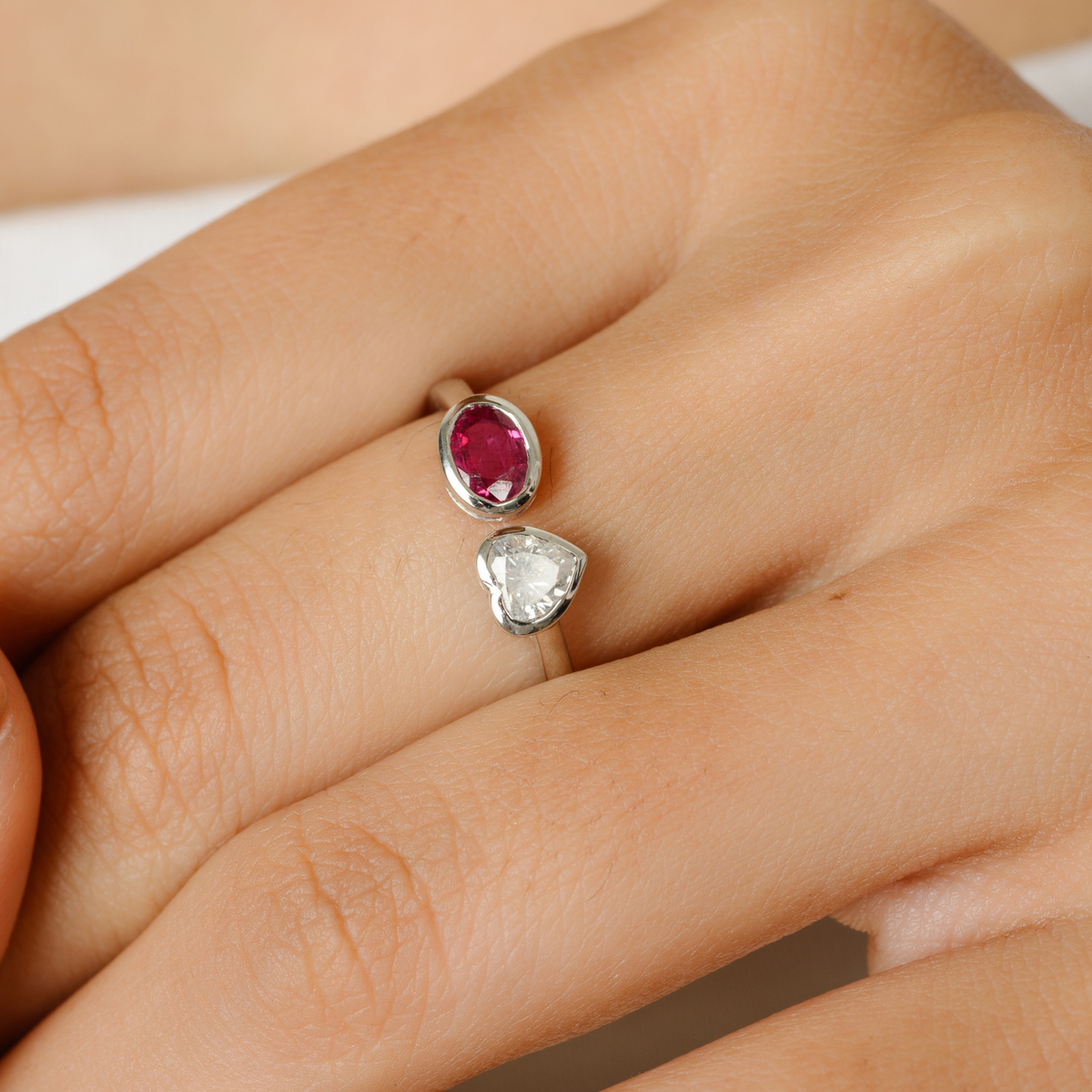 18K Gold Heart Diamond & Oval Ruby Toi et Moi Ring - vrjewels-us