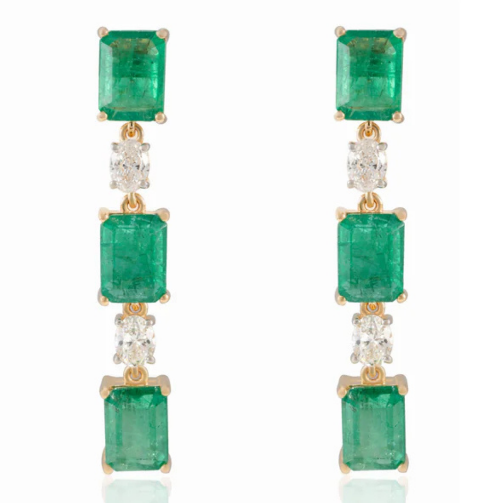 18K Gold Octagon Cut Emerald Diamond Drop Earrings Image