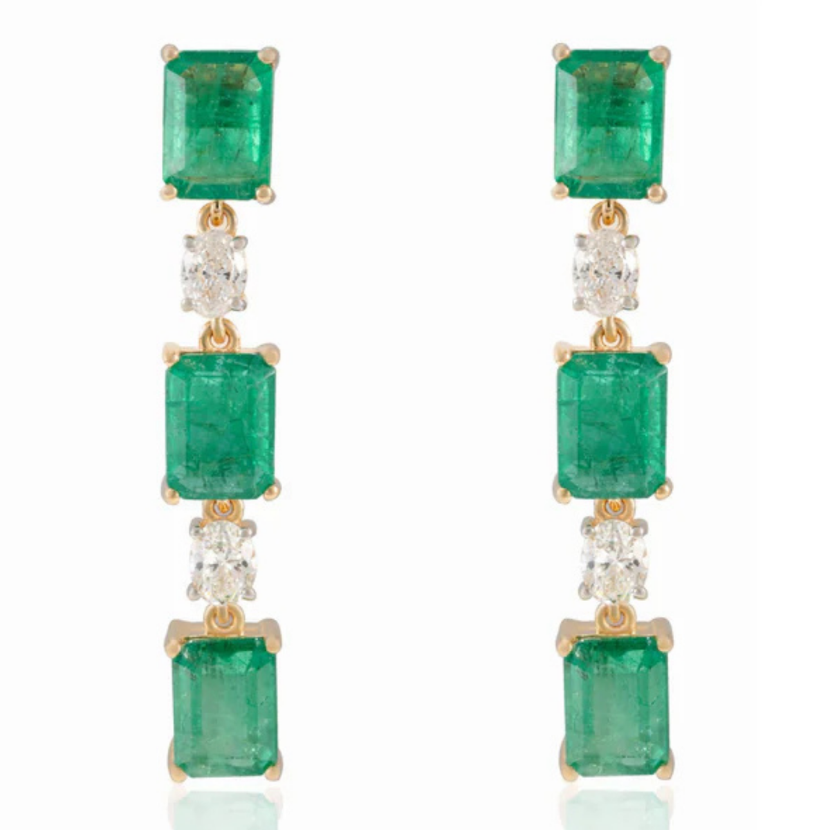 18K Gold Octagon Cut Emerald Diamond Drop Earrings