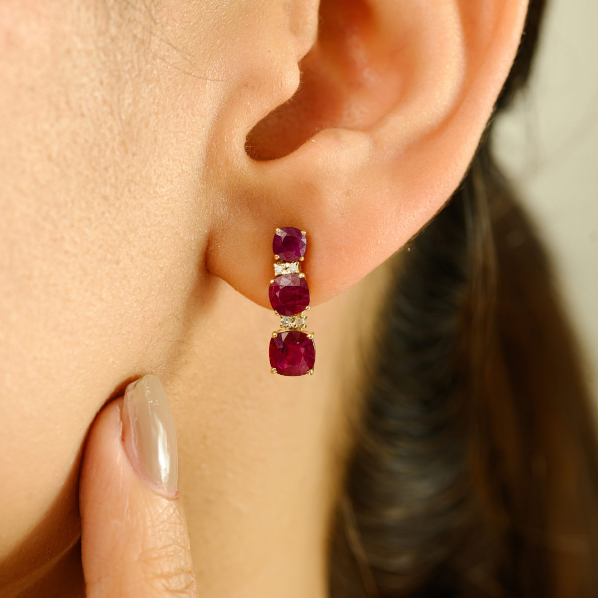 14K Yellow Gold Ruby Diamond Dangle Earring