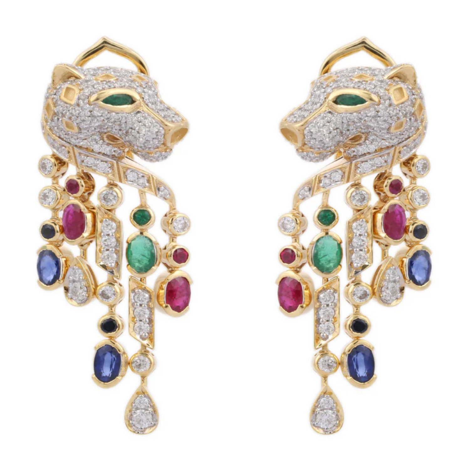 14K Yellow Gold Multi Gemstone Panther Earring