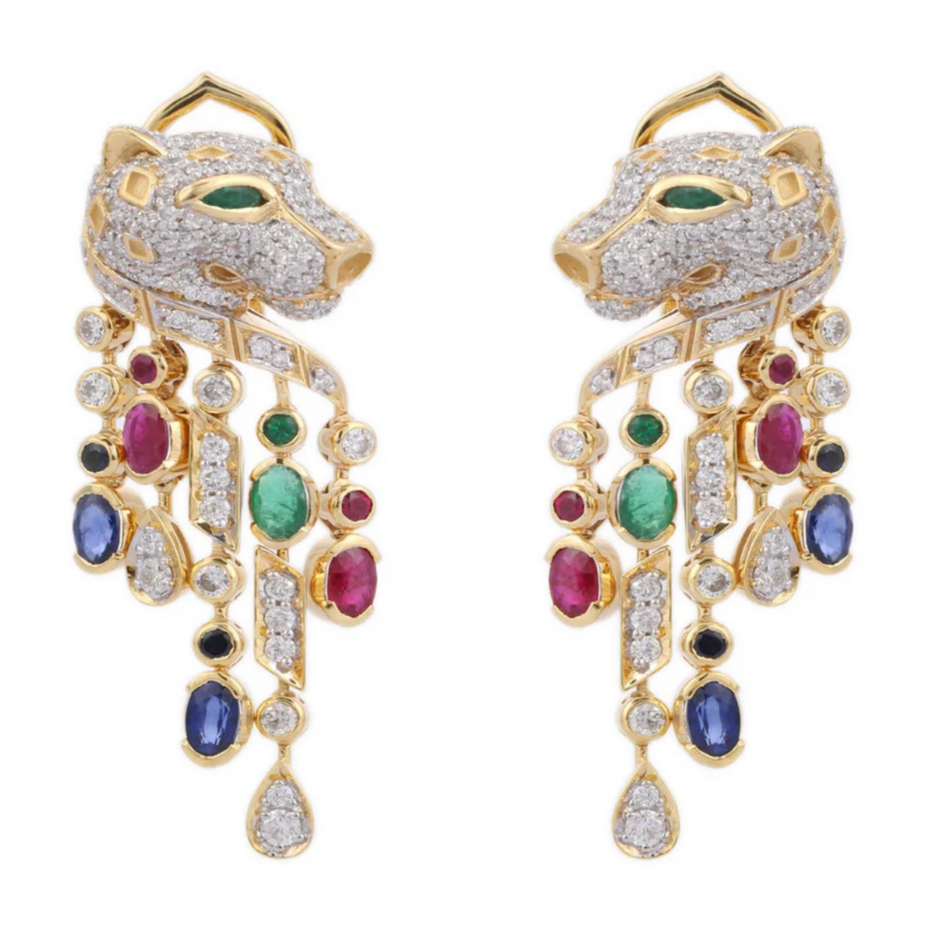 14K Yellow Gold Multi Gemstone Panther Earring Image