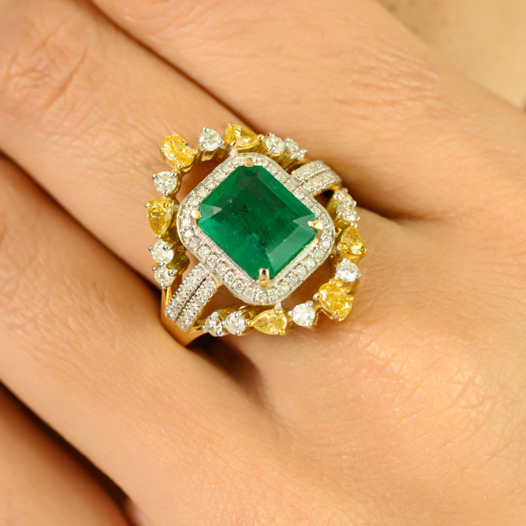 14K Solid Yellow Gold Emerald Diamond Modern Ring Image