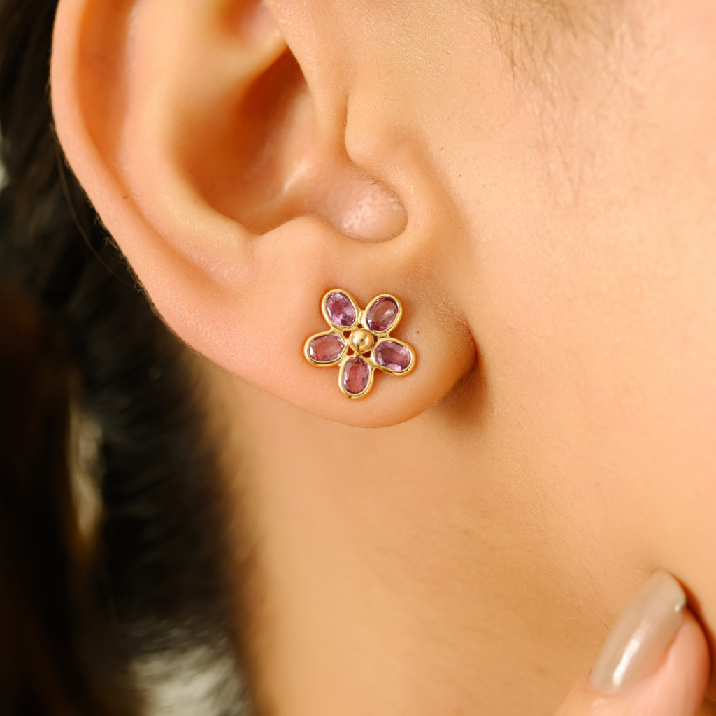 14K Motif Style Pink Sapphire Floral Stud Earrings Image