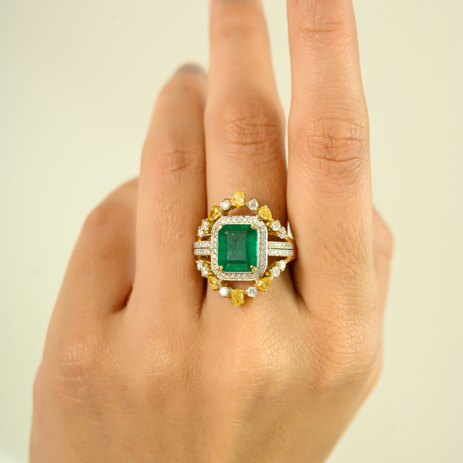 14K Solid Yellow Gold Emerald Diamond Modern Ring