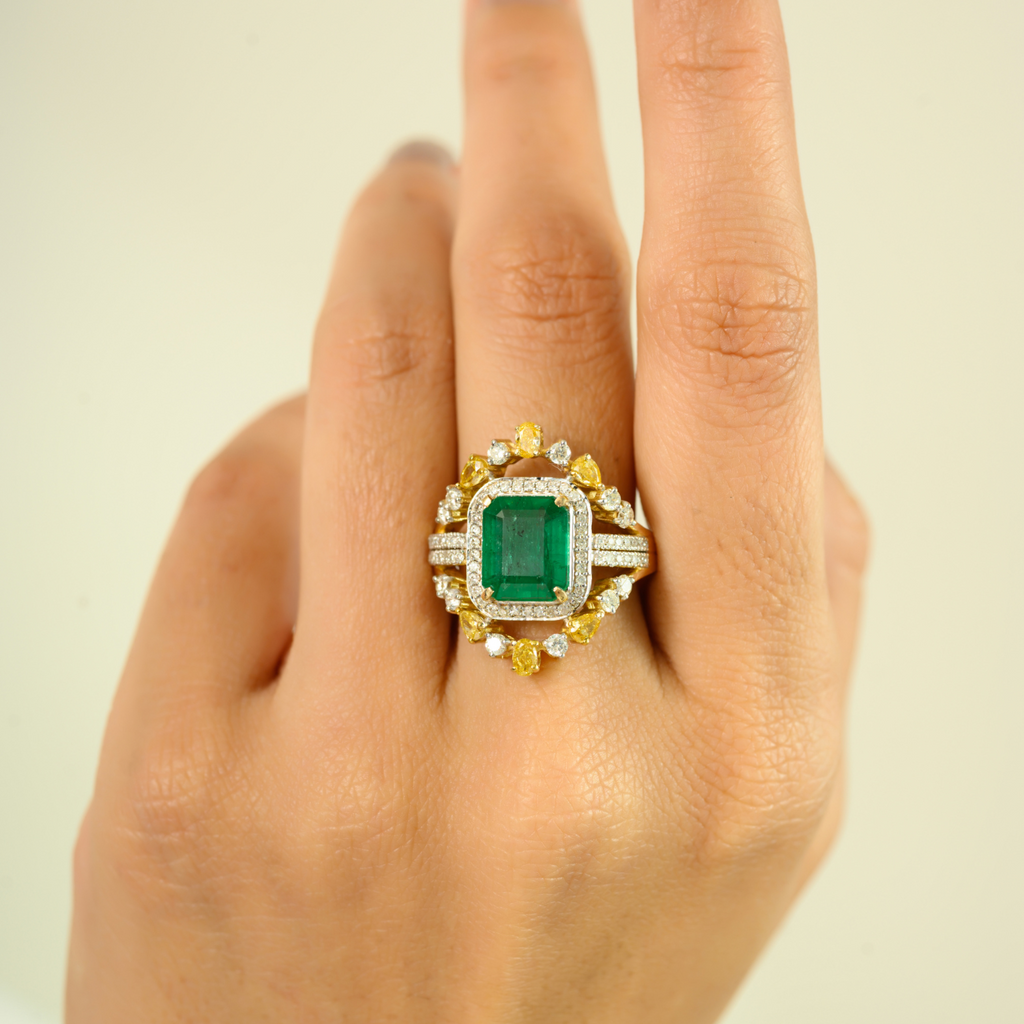14K Solid Yellow Gold Emerald Diamond Modern Ring Image