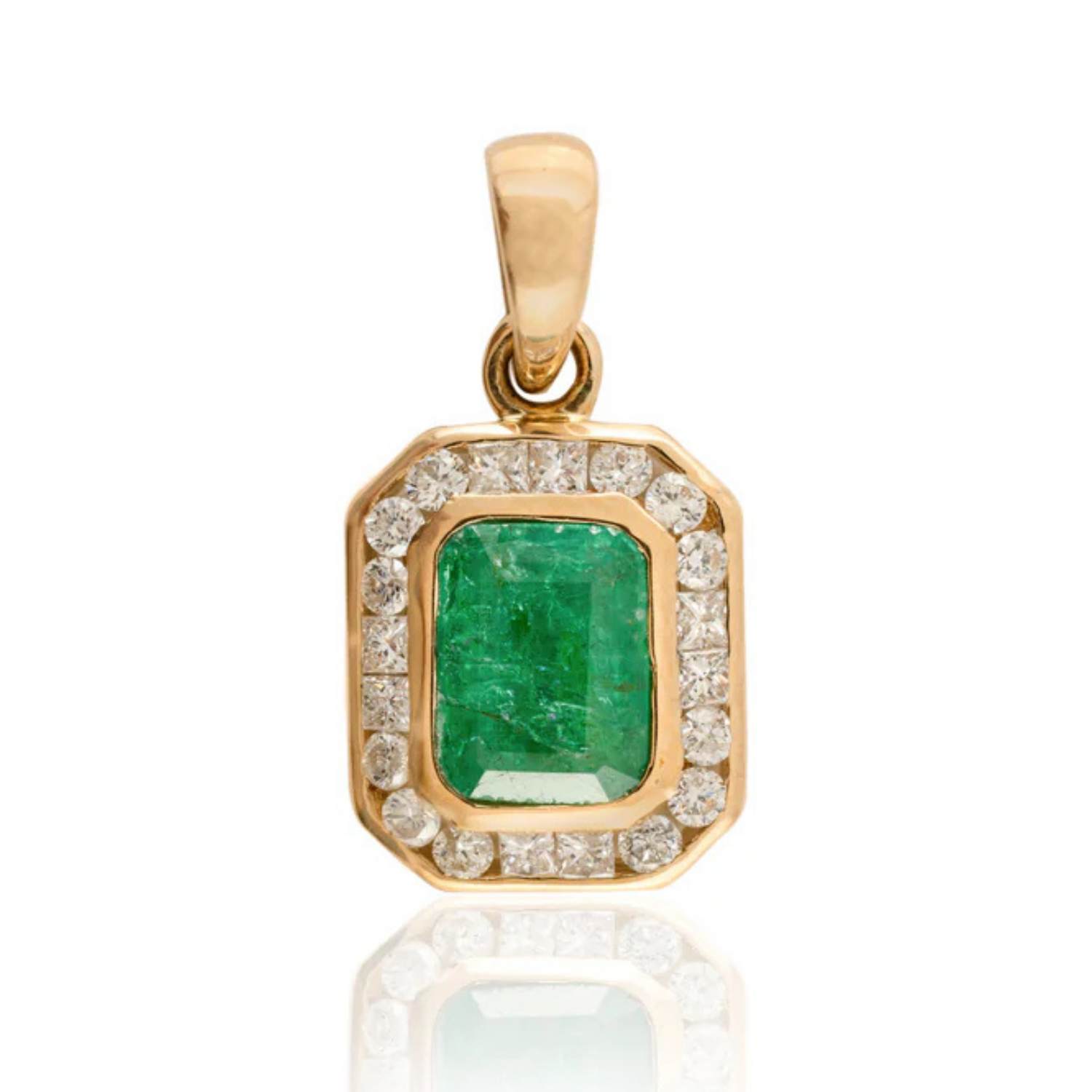 Contemporary Emerald Halo Diamond Pendant 14k Gold