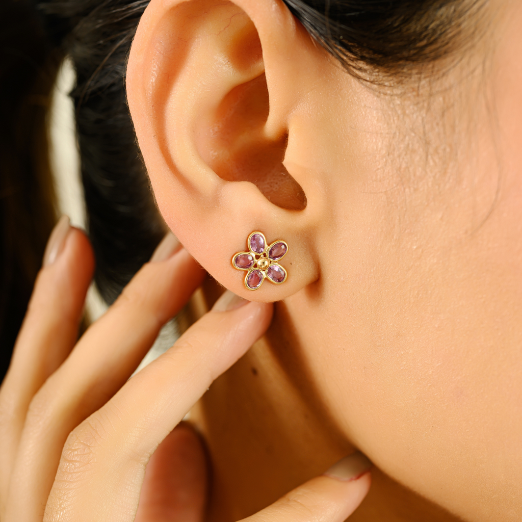 14K Motif Style Pink Sapphire Floral Stud Earrings Image