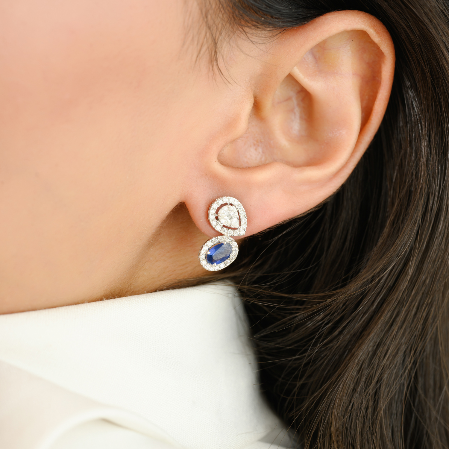 18K White Gold Blue Sapphire Diamond Statement Earrings