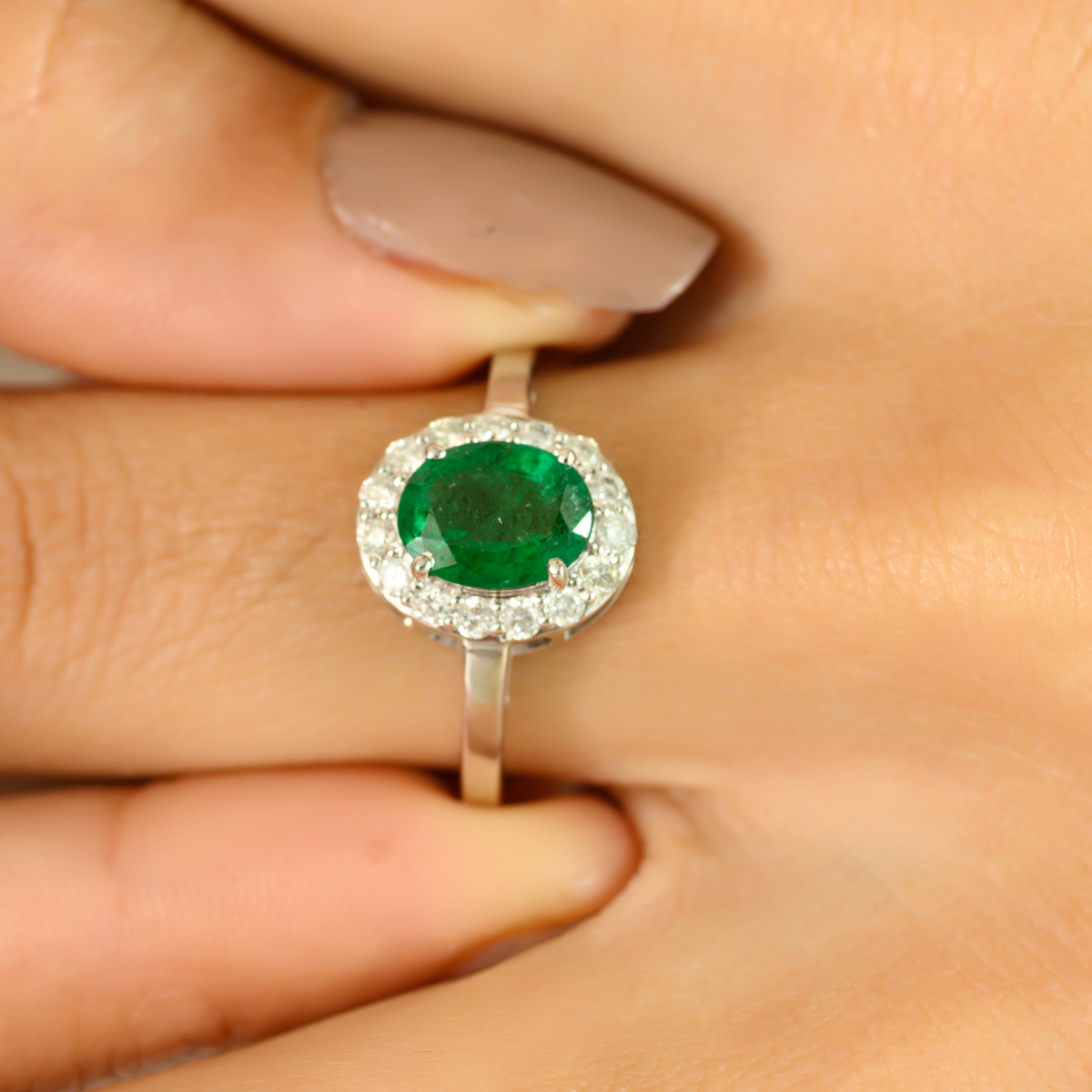 14k White Gold Emerald Halo Diamond Engagement Ring