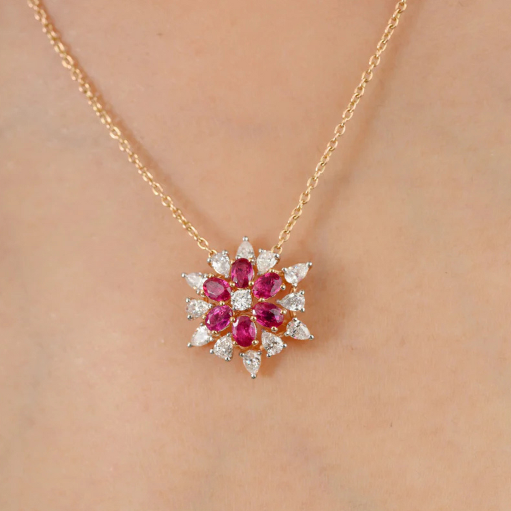 18K Solid Yellow Gold Floral Ruby Pendant Necklace Image