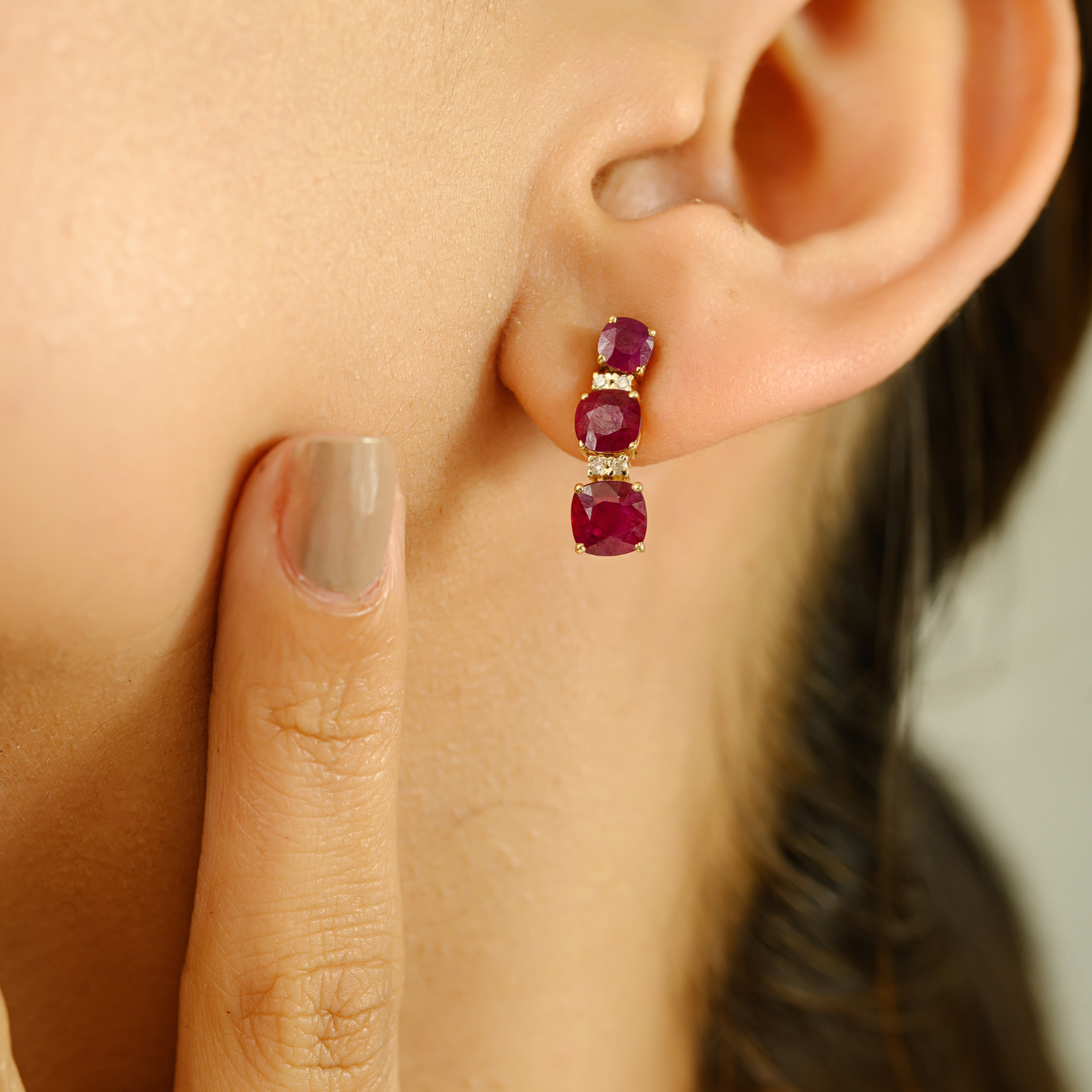 14K Yellow Gold Ruby Diamond Dangle Earring