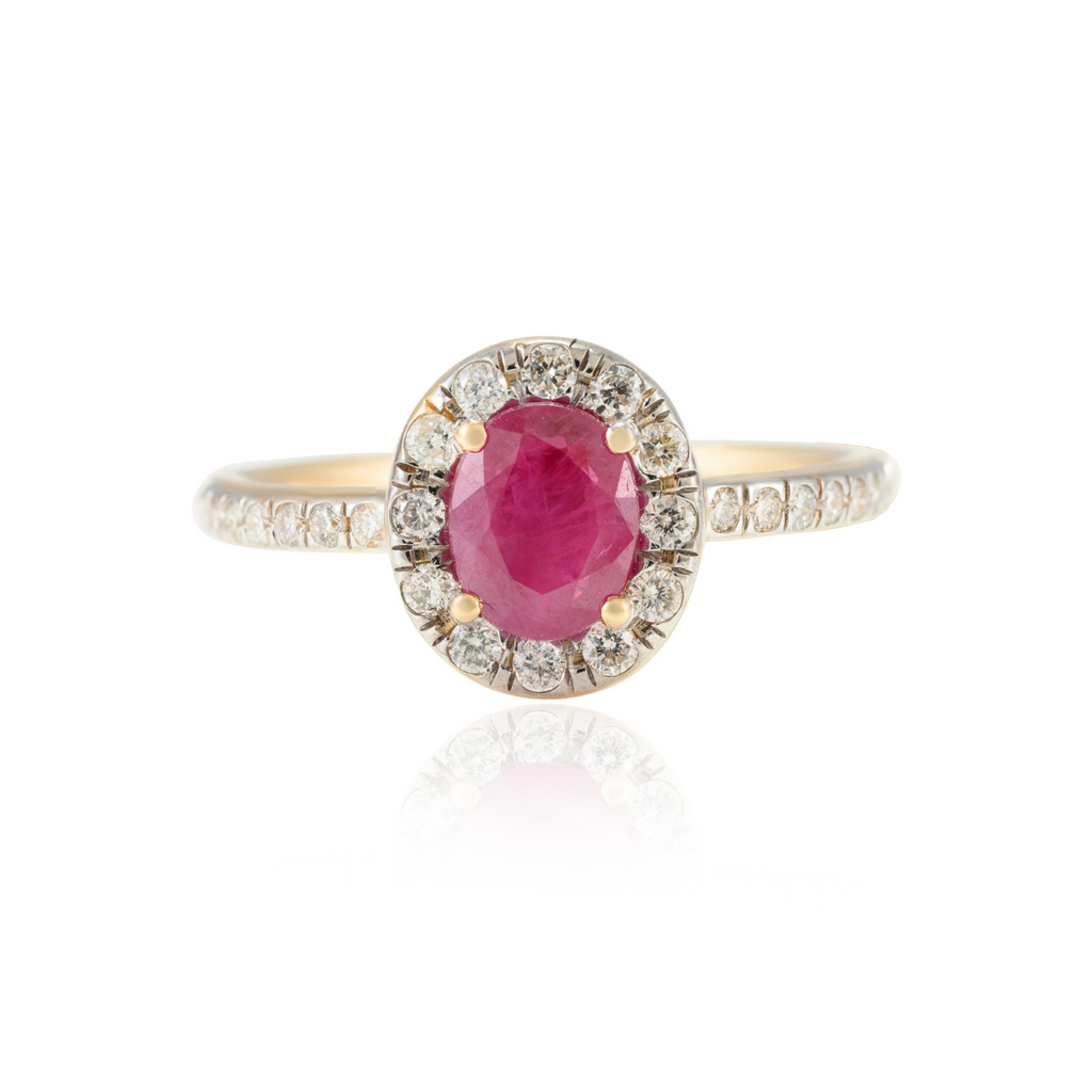 14K Gold Oval Ruby and Halo Diamond Ring Image