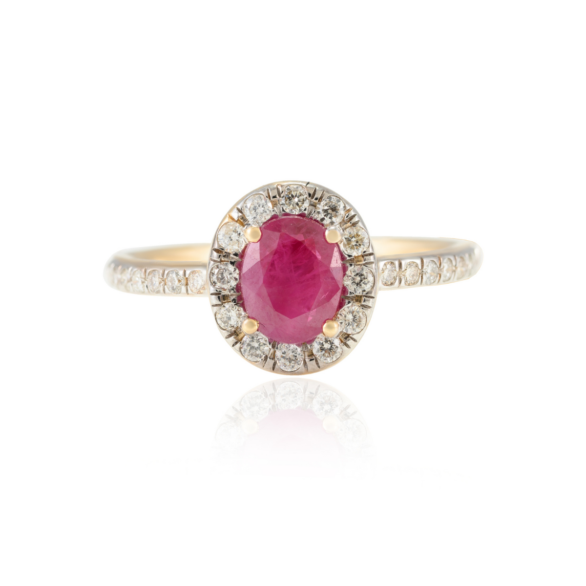 14K Gold Oval Ruby and Halo Diamond Ring