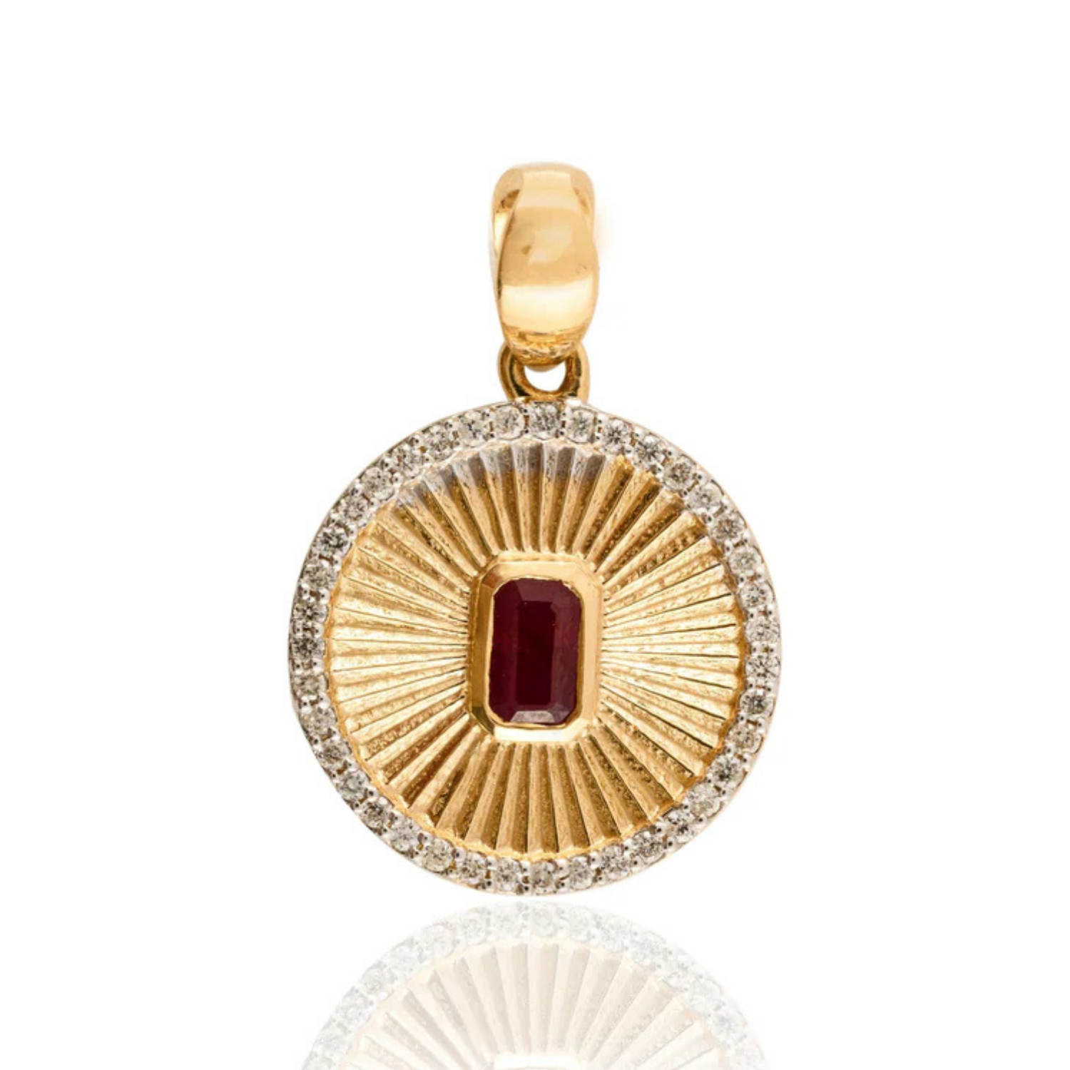 18K Centered Ruby Halo Diamond Striped Medallion Coin Pendant