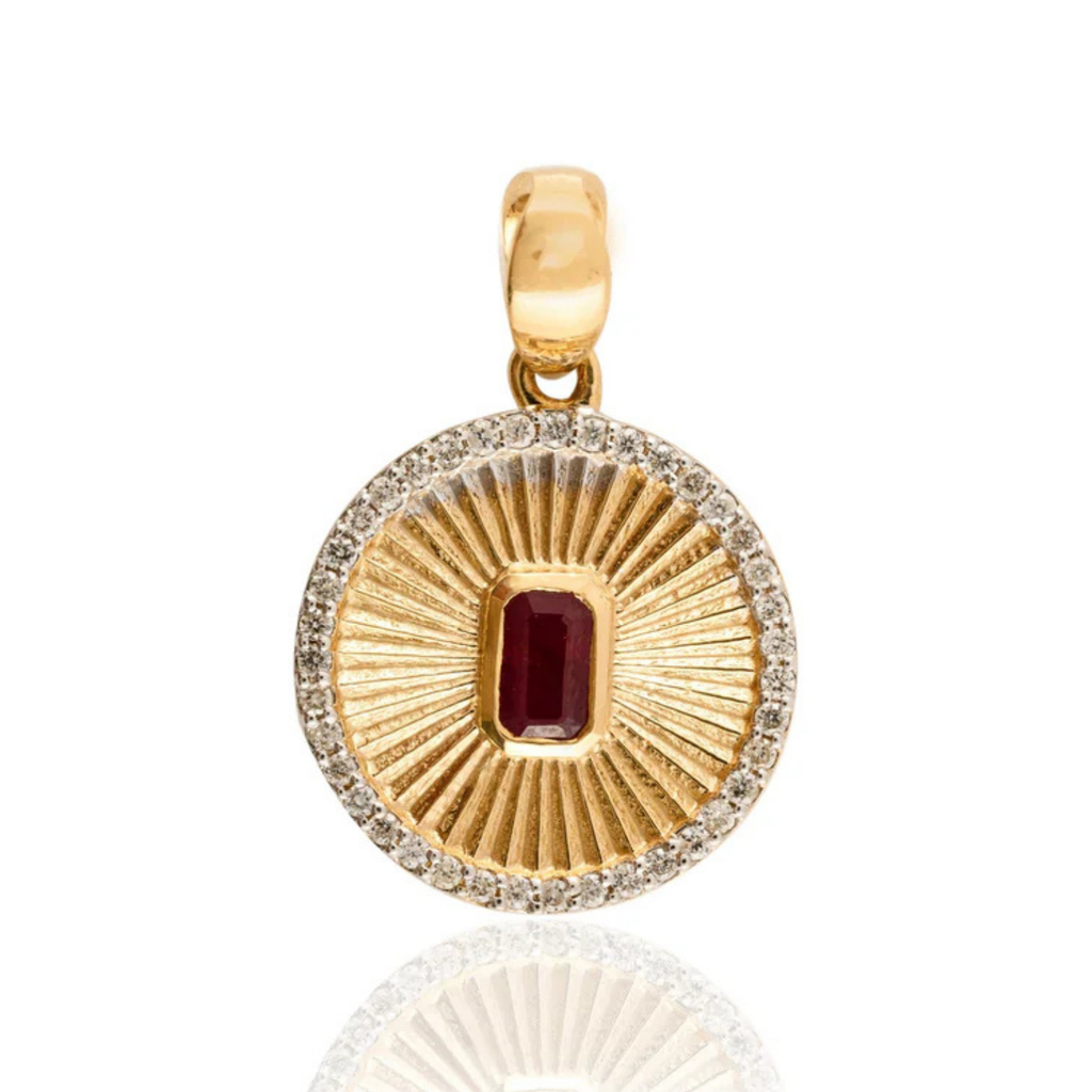 18K Centered Ruby Halo Diamond Striped Medallion Coin Pendant Image