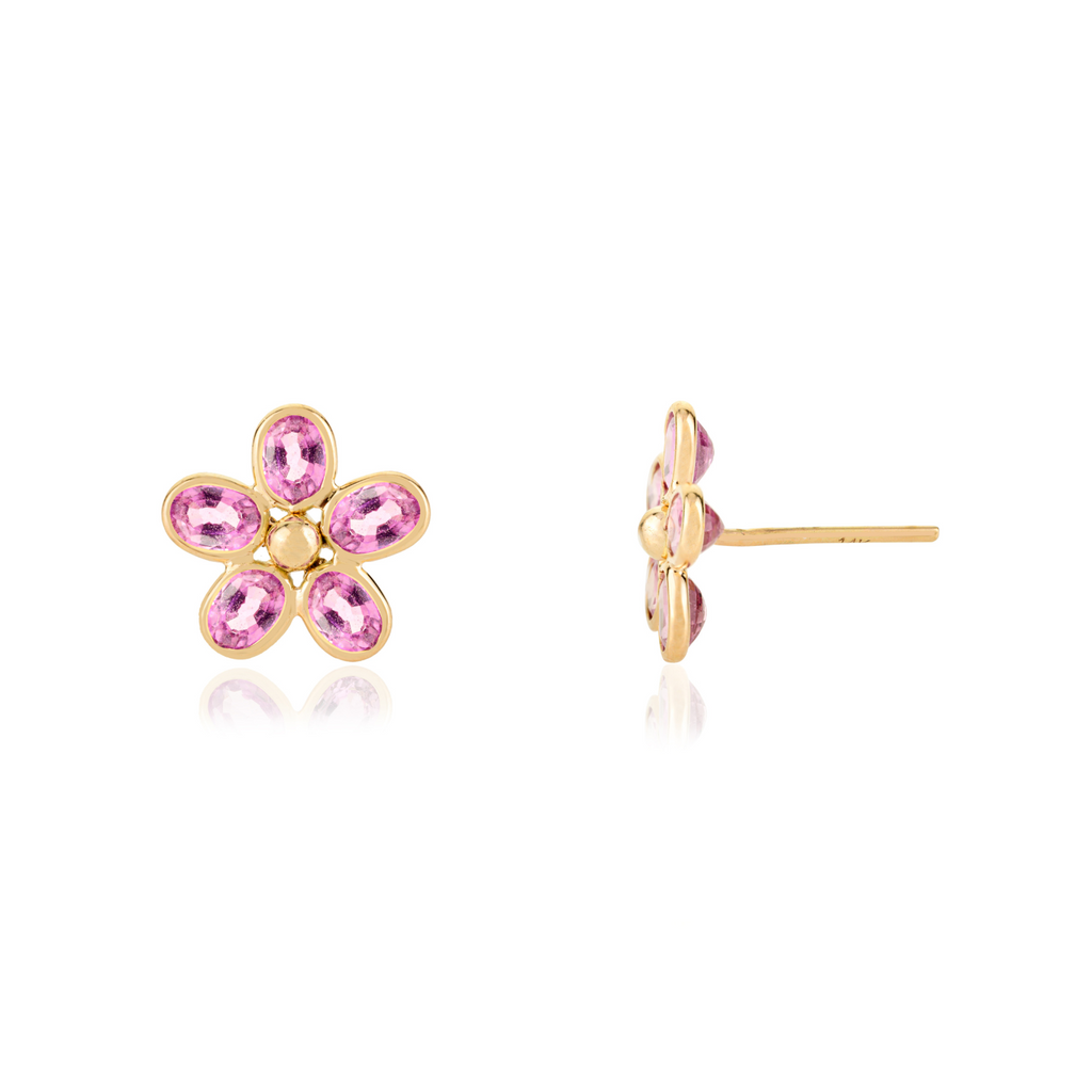 14K Motif Style Pink Sapphire Floral Stud Earrings Image
