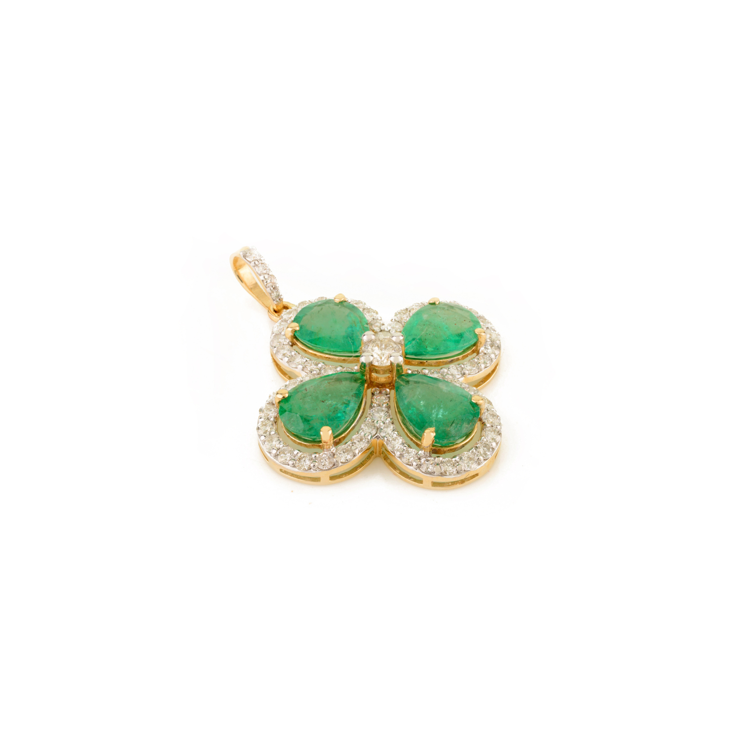 18K Solid Yellow Gold Emerald Clover Pendant