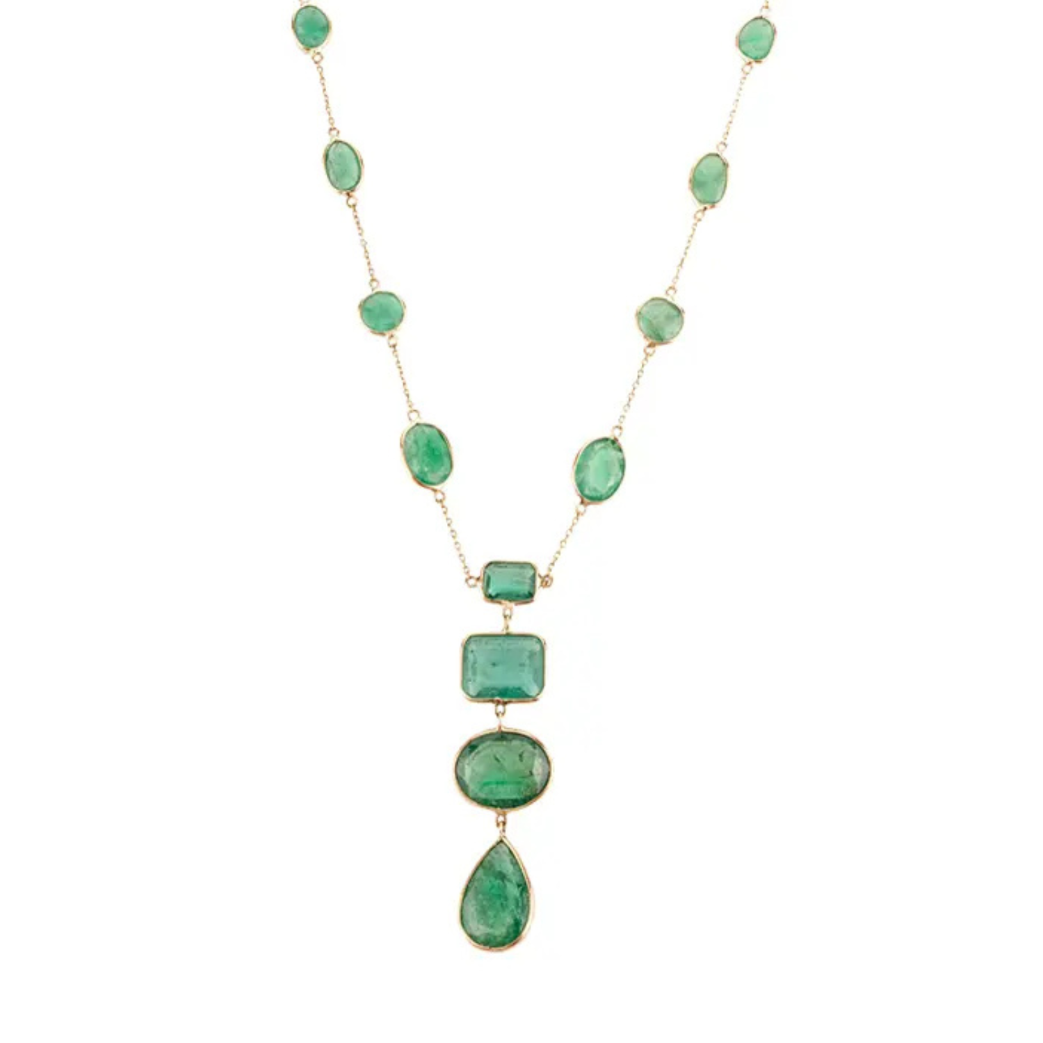 18K Solid Yellow Gold Emerald Gemstone Y Shape Necklace