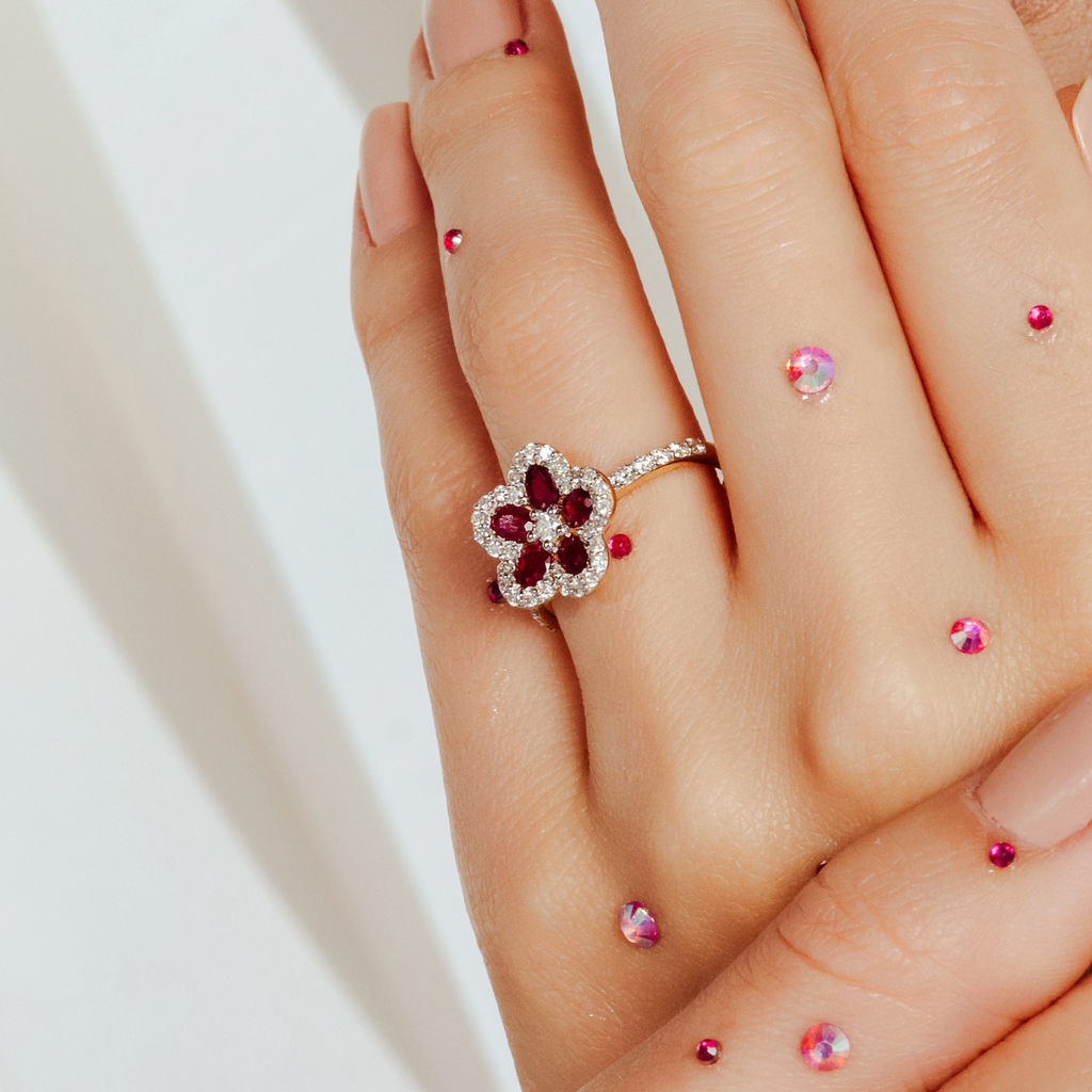 18K Gold Ruby Cherry Blossom Flower Ring Image