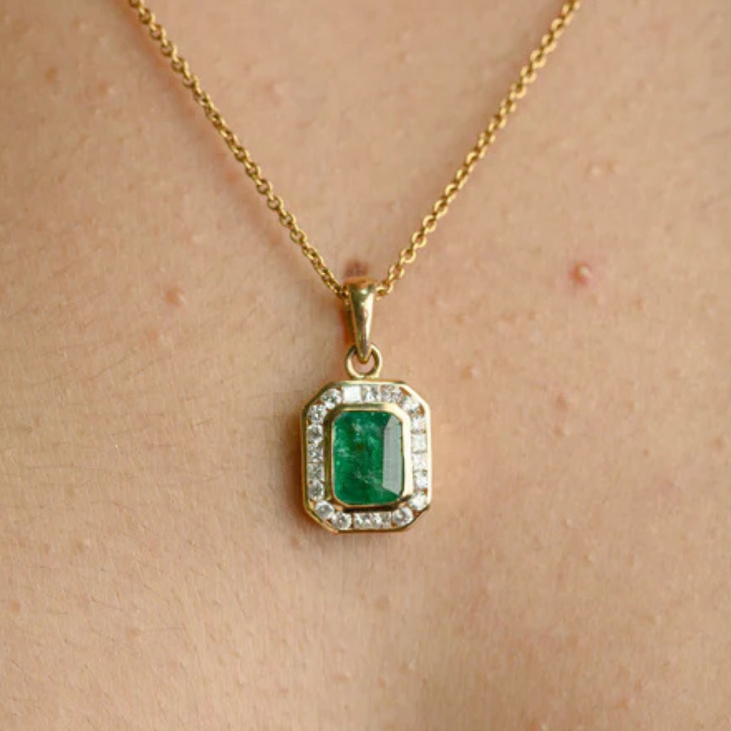 Contemporary Emerald Halo Diamond Pendant 14k Gold Image