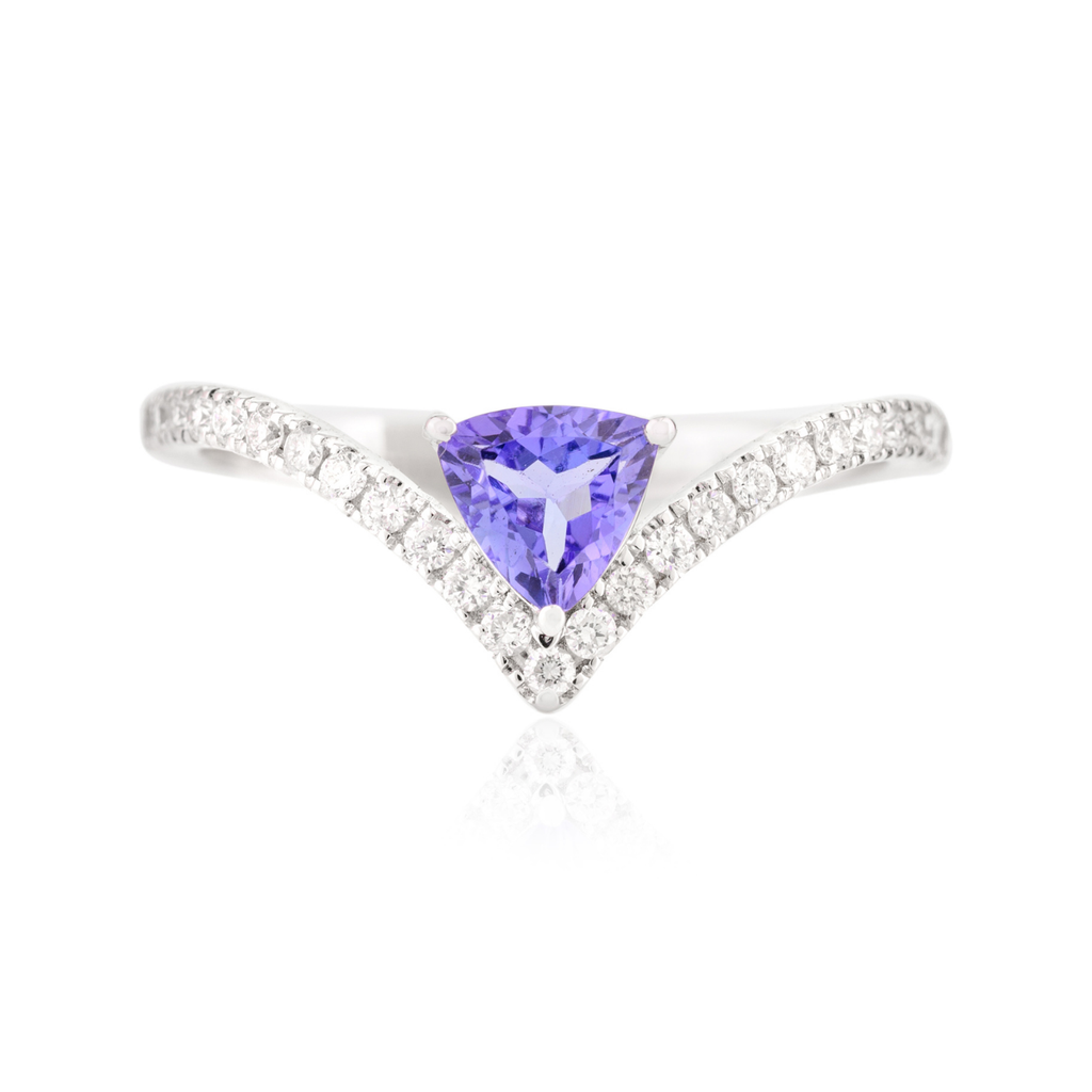 14K Solid White Gold Tanzanite Diamond Chevron Ring Image