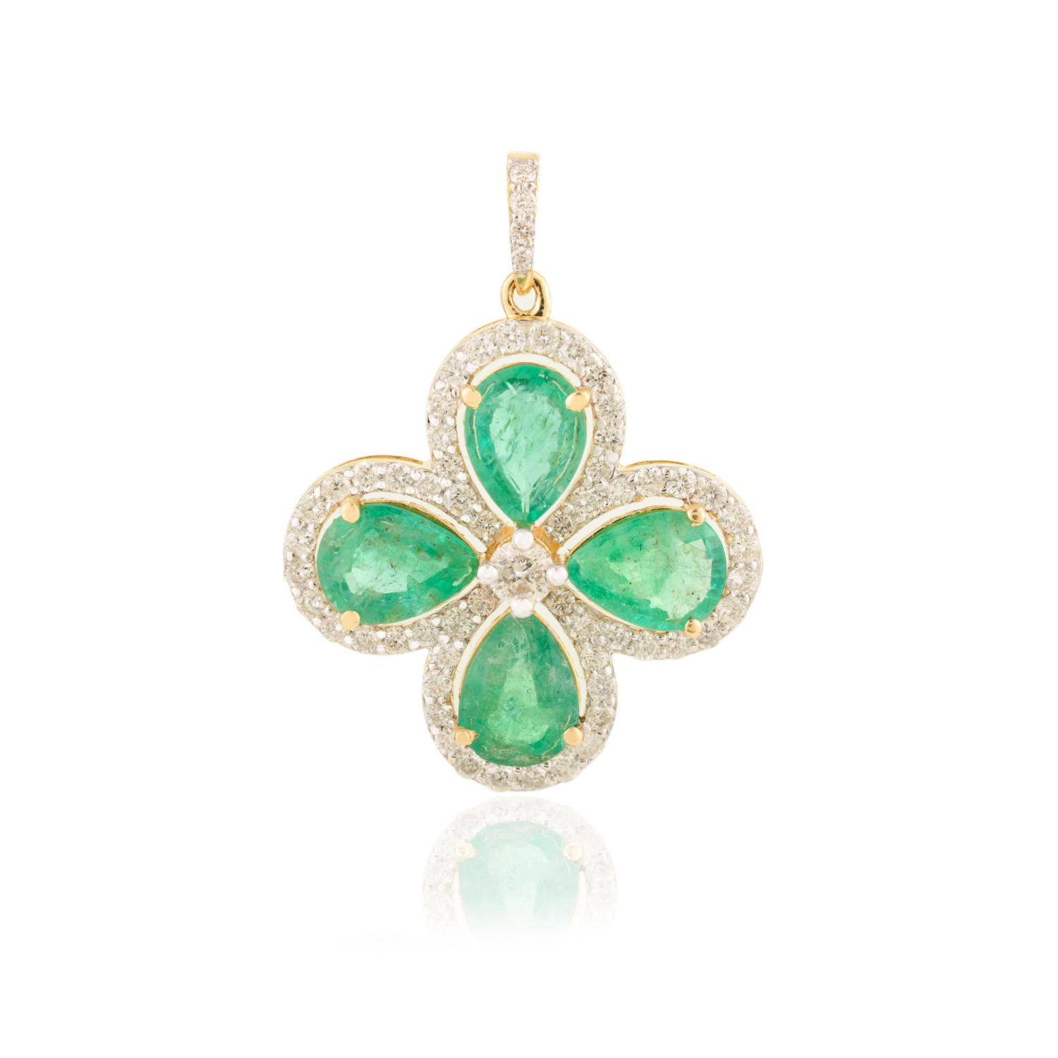 18K Solid Yellow Gold Emerald Clover Pendant
