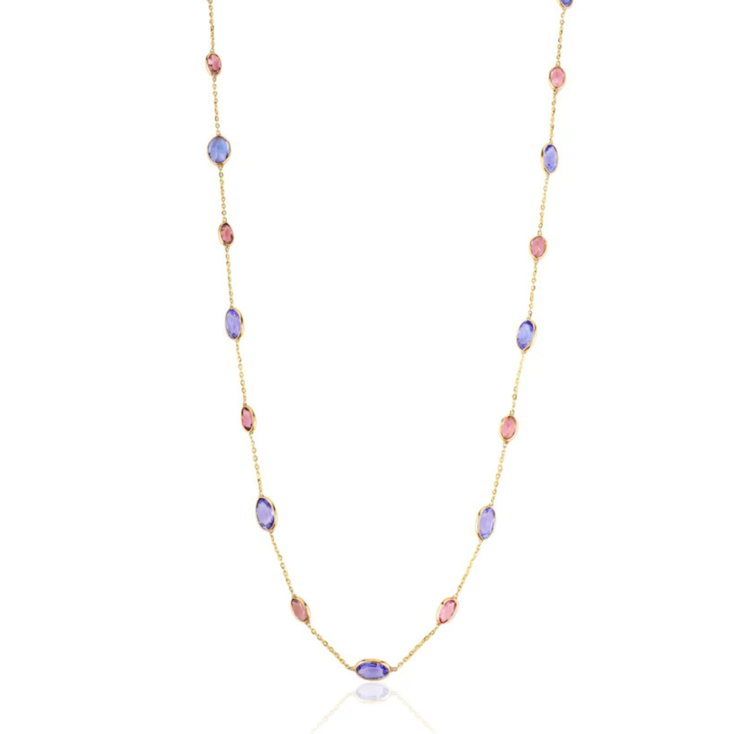 18K Solid Yellow Gold Tanzanite And Tourmaline Station Necklace