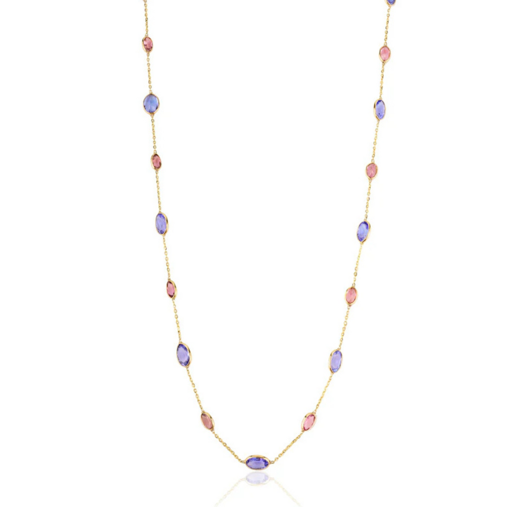 18K Solid Yellow Gold Tanzanite And Tourmaline Station Necklace Image