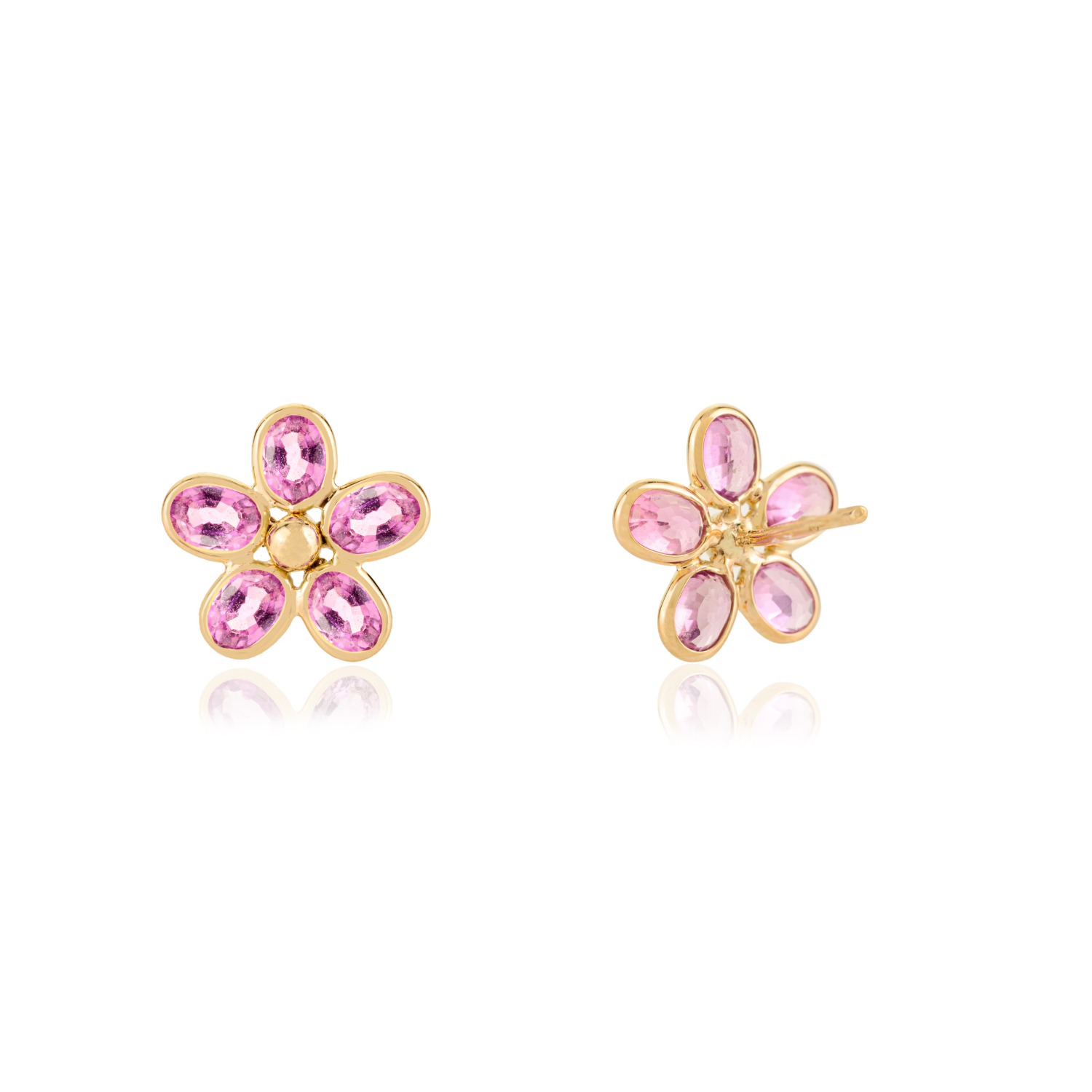 14K Motif Style Pink Sapphire Floral Stud Earrings