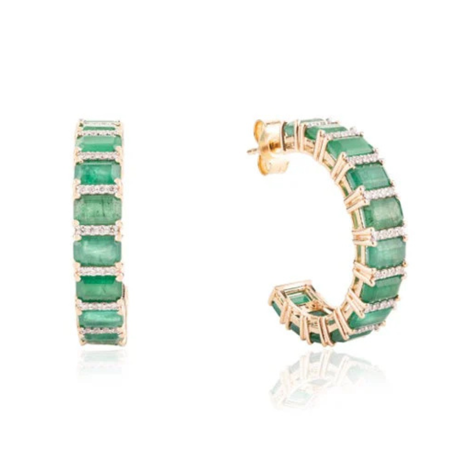 14K Solid Yellow Gold Emerald Diamond Big Hoop Earrings