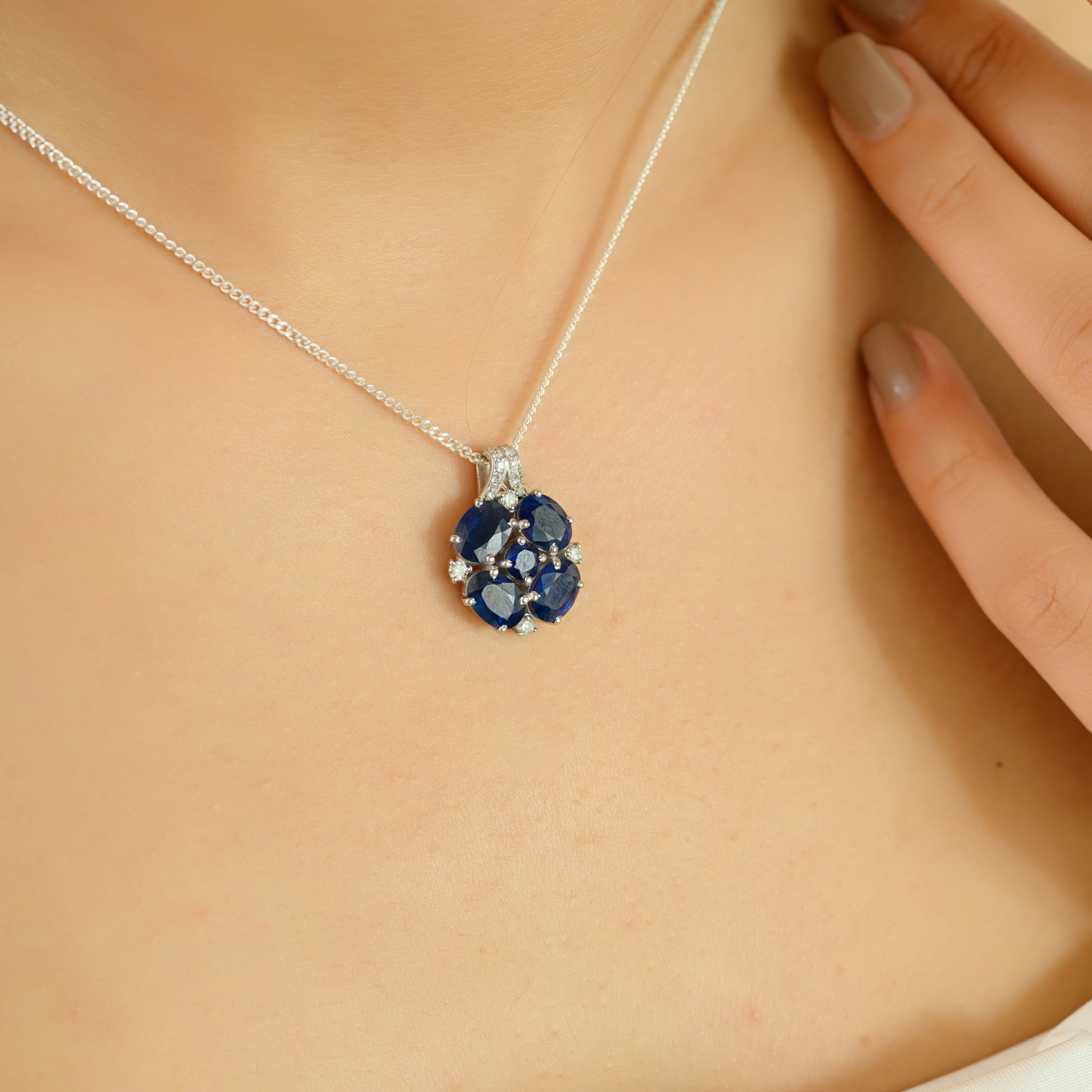 18K White Gold Blue Sapphire Midnight Bloom Pendant