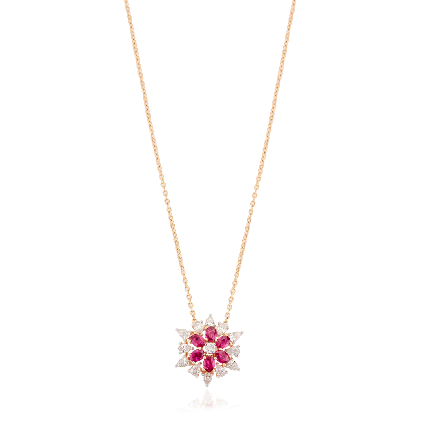 18K Solid Yellow Gold Floral Ruby Pendant Necklace