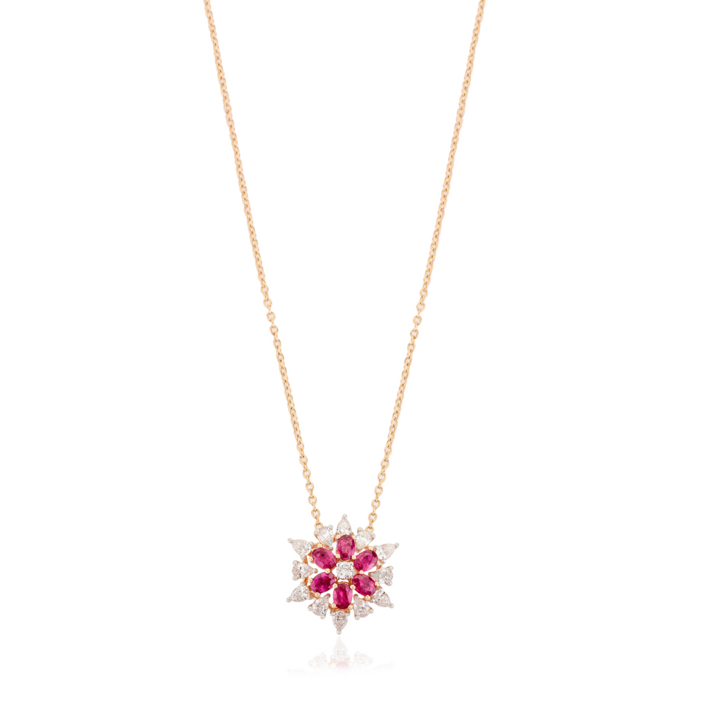 18K Solid Yellow Gold Floral Ruby Pendant Necklace Image