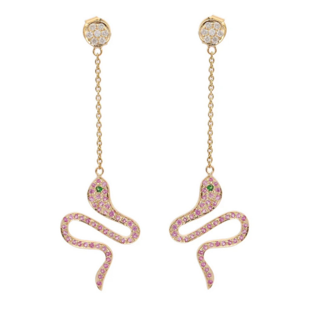 14K Yellow Gold Pink Sapphire Snake Dangle Earrings Image