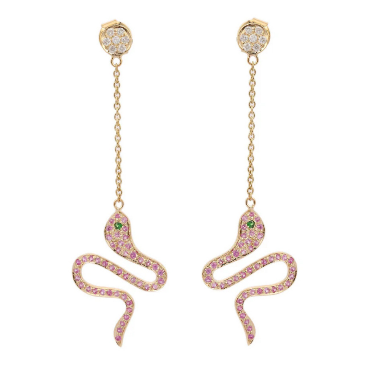 14K Yellow Gold Pink Sapphire Snake Dangle Earrings