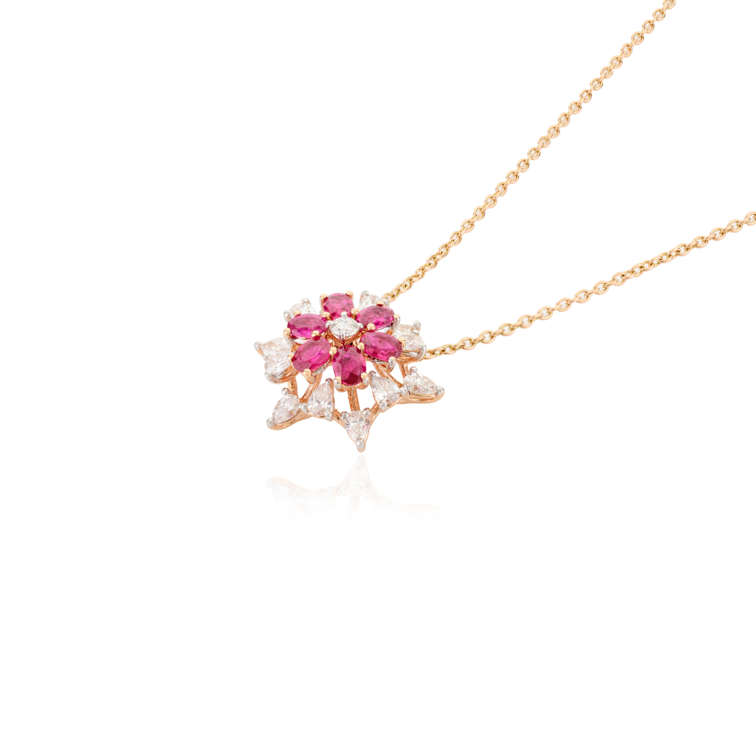 18K Solid Yellow Gold Floral Ruby Pendant Necklace